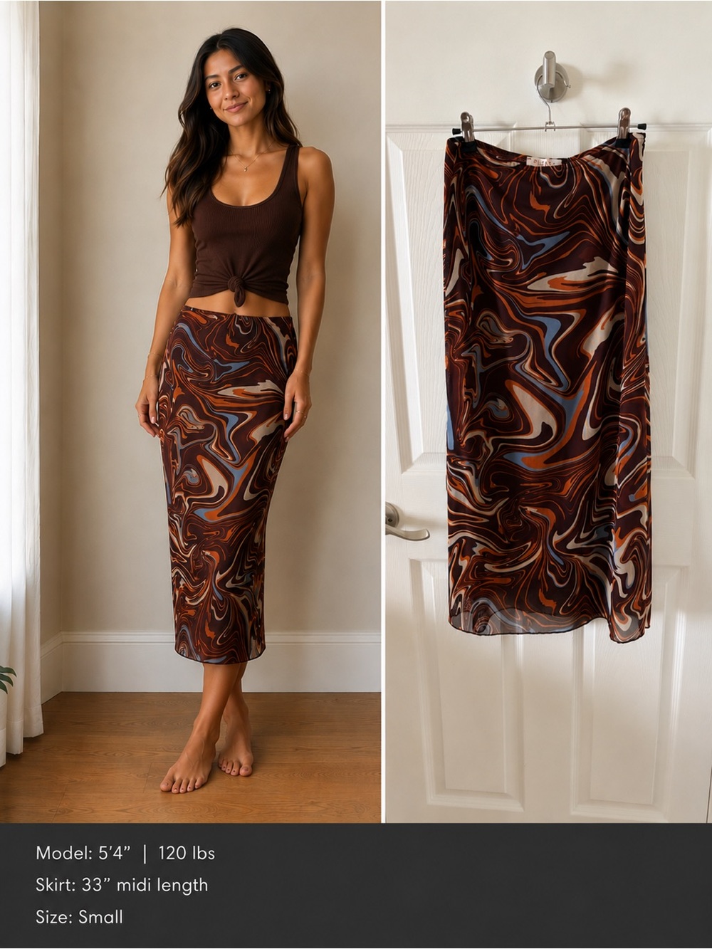 PLEASE Swirl-Print Midi Skirt in Brown with Rust & Light Blue Accents. Small